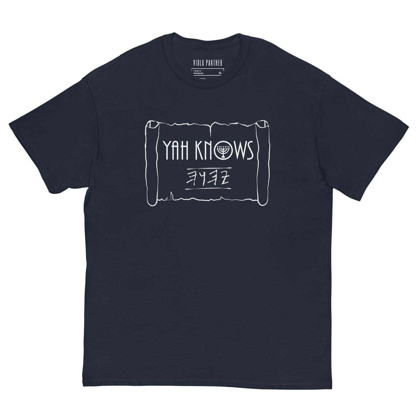 Black t-shirt with white graphic design on a white background