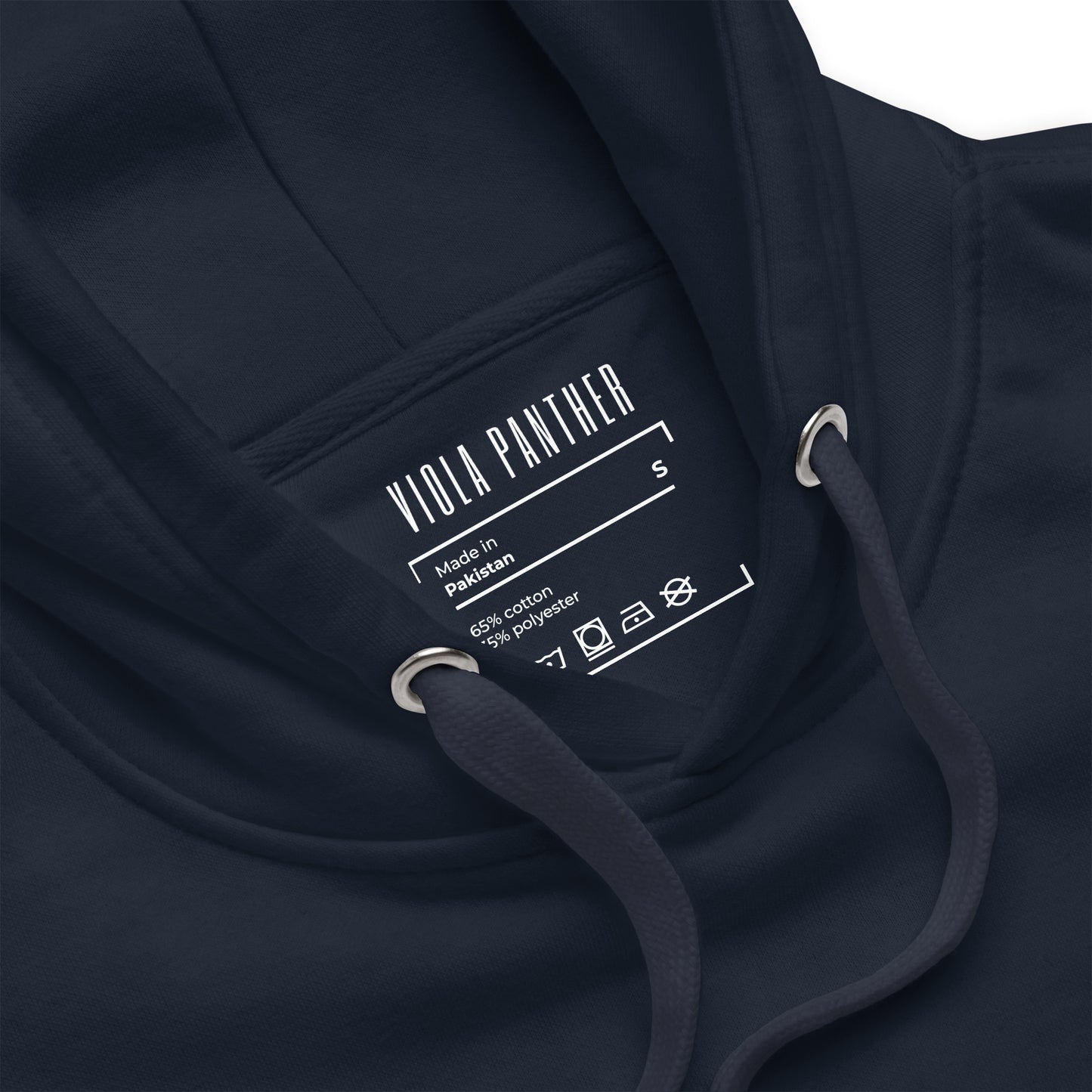 navy hoodie with a brand label on the chest area