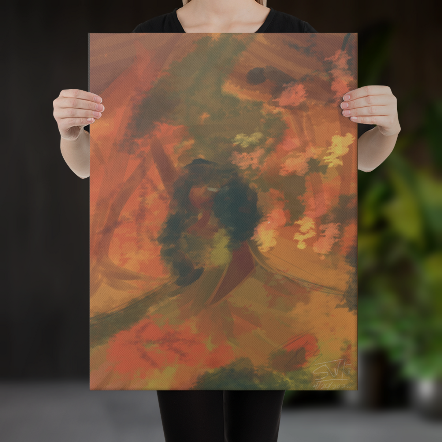 person holding Autumn-themed canvas print featuring a cozy, rustic outdoor scene with leaves and fall colors on a wooden table, evoking warmth and seasonal charm.