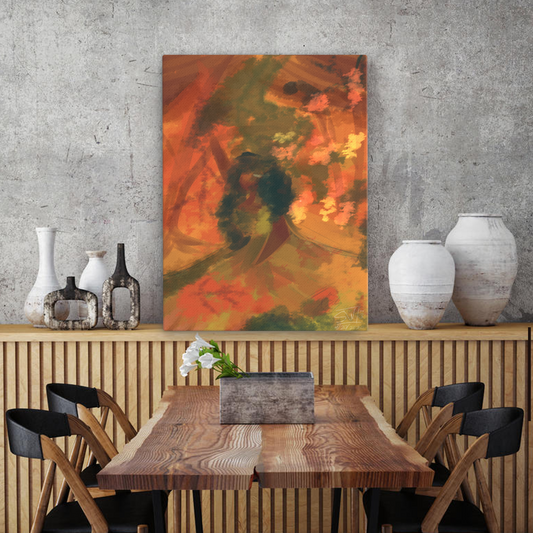 Autumn-themed canvas print featuring a cozy, rustic outdoor scene with leaves and fall colors on a wooden table, evoking warmth and seasonal charm.