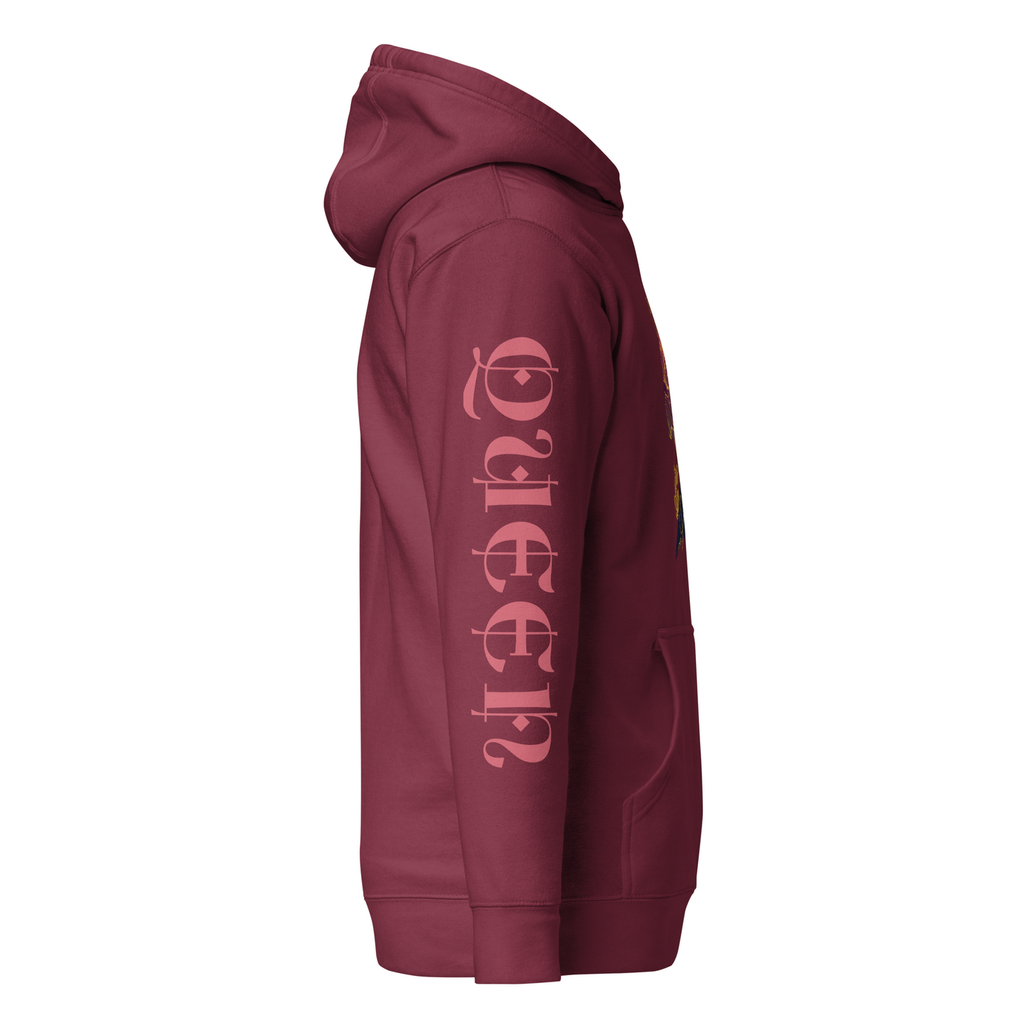 side view of Queen long-sleeve women's hoodie in blush pink, featuring a crowned woman graphic on the chest and 'QUEEN' vertically printed down the sleeve, crafted from 100% cotton face with soft cotton-poly fleece interior, a front pouch pocket, and adjustable hood.