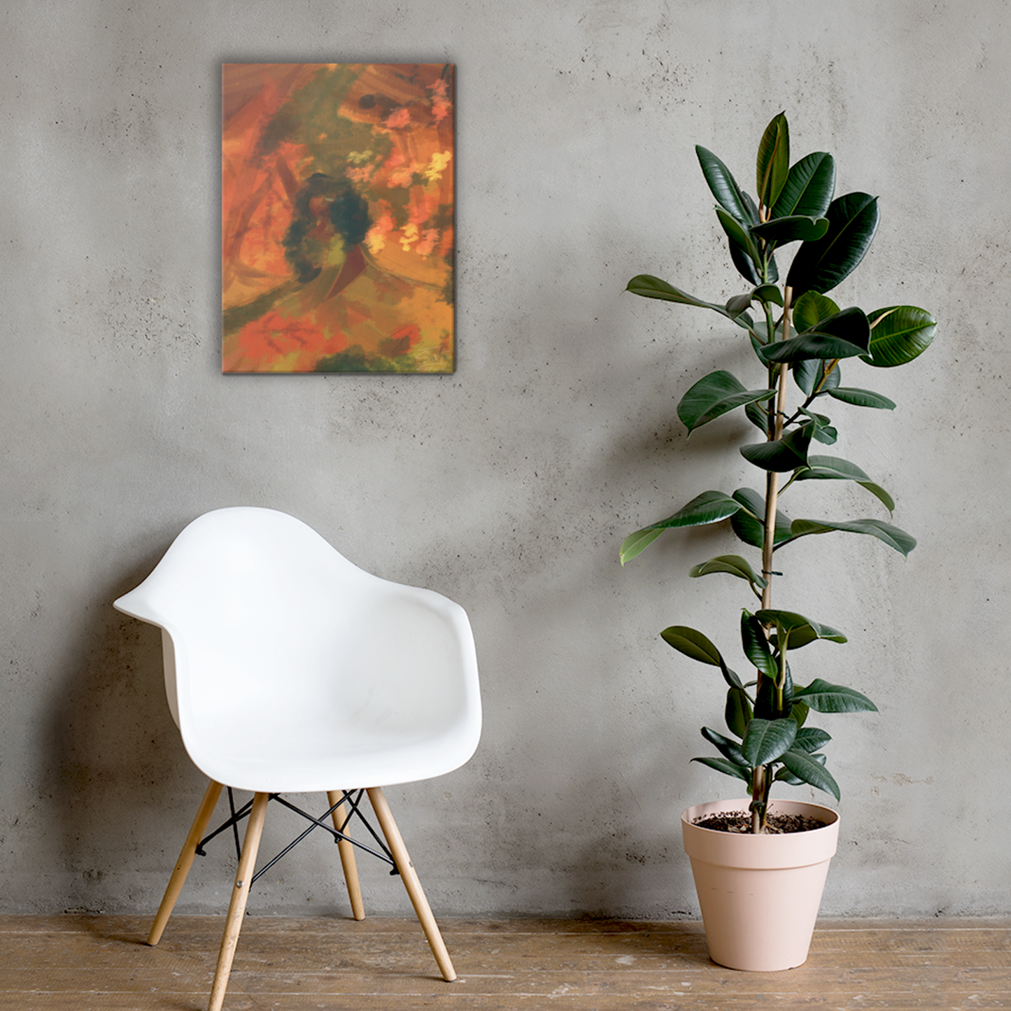 Autumn-themed canvas print featuring a cozy, rustic outdoor scene with leaves and fall colors on a wooden table, evoking warmth and seasonal charm.