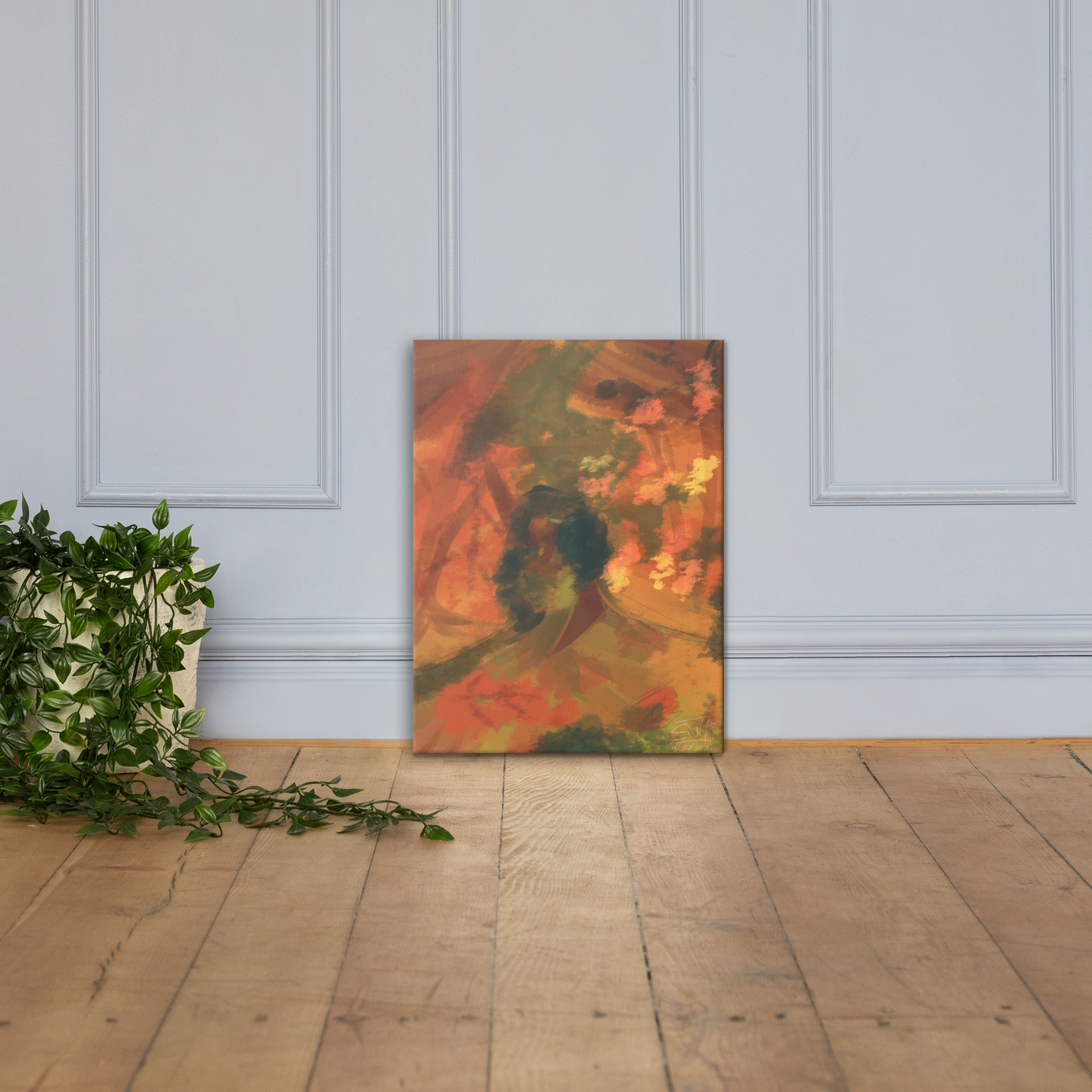 Autumn-themed canvas print featuring a cozy, rustic outdoor scene with leaves and fall colors on a wooden table, evoking warmth and seasonal charm on the floor.