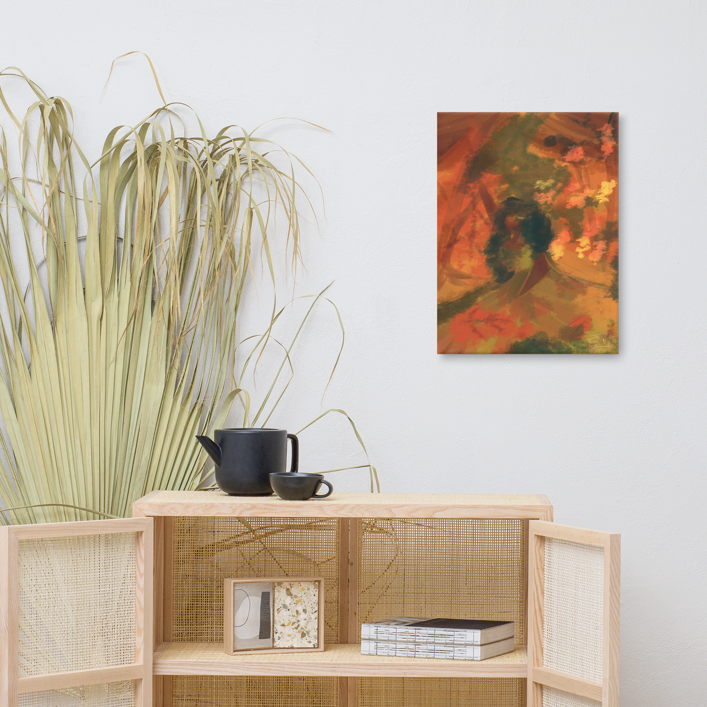 Autumn-themed canvas print featuring a cozy, rustic outdoor scene with leaves and fall colors on a wooden table, evoking warmth and seasonal charm.