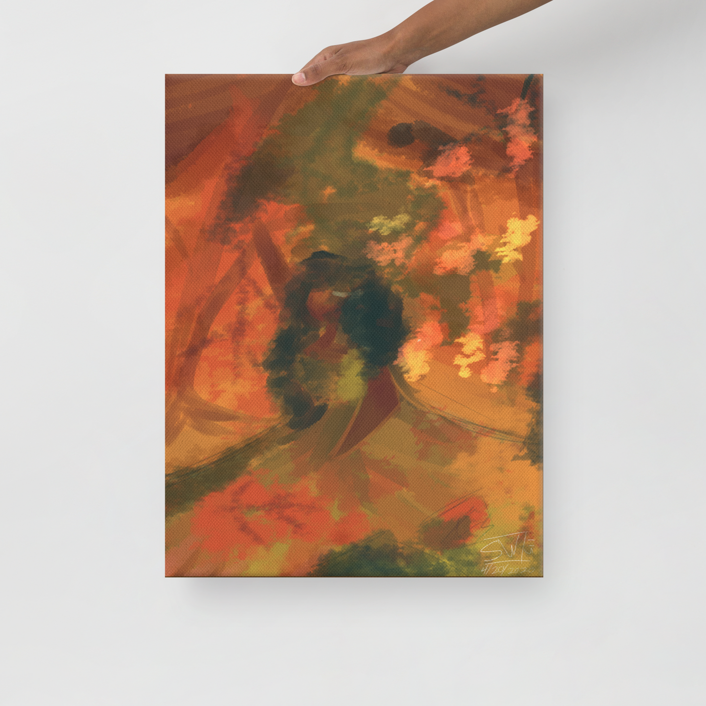 person holding Autumn-themed canvas print featuring a cozy, rustic outdoor scene with leaves and fall colors on a wooden table, evoking warmth and seasonal charm.