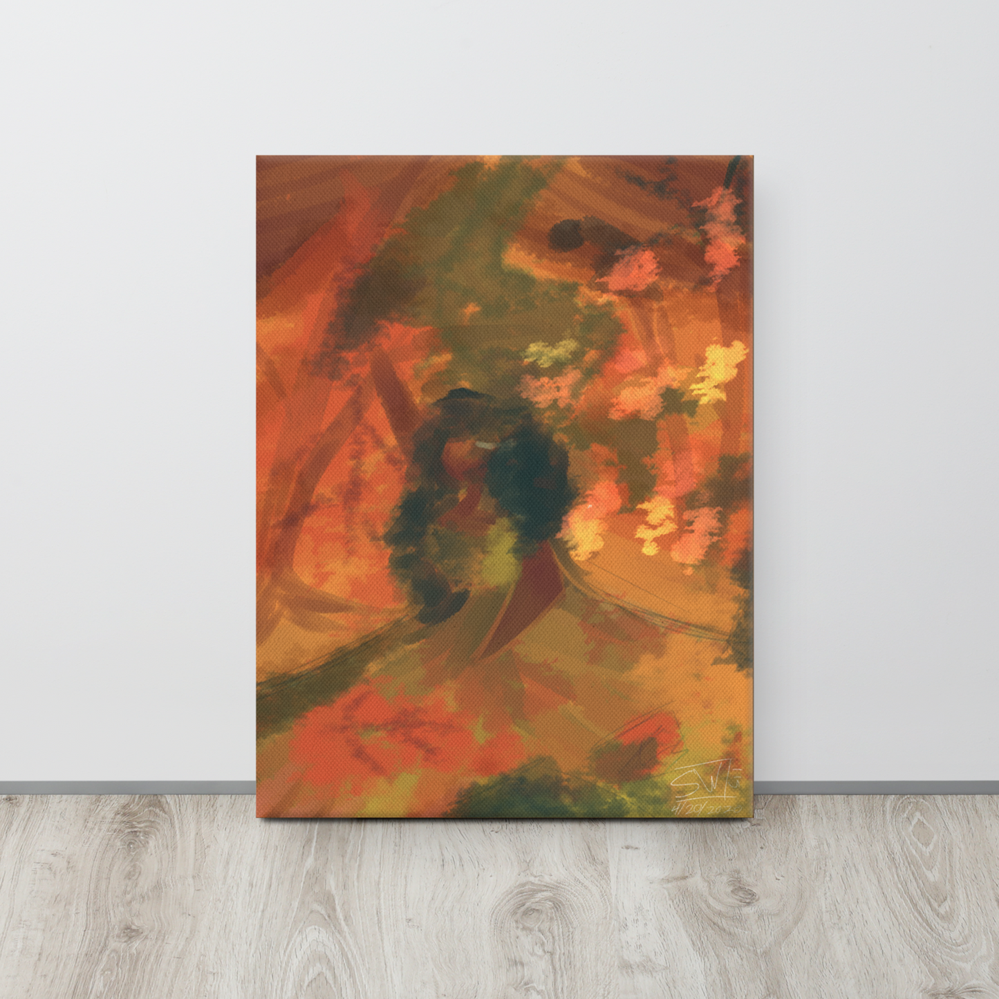 Autumn-themed canvas print featuring a cozy, rustic outdoor scene with leaves and fall colors on a wooden table, evoking warmth and seasonal charm.