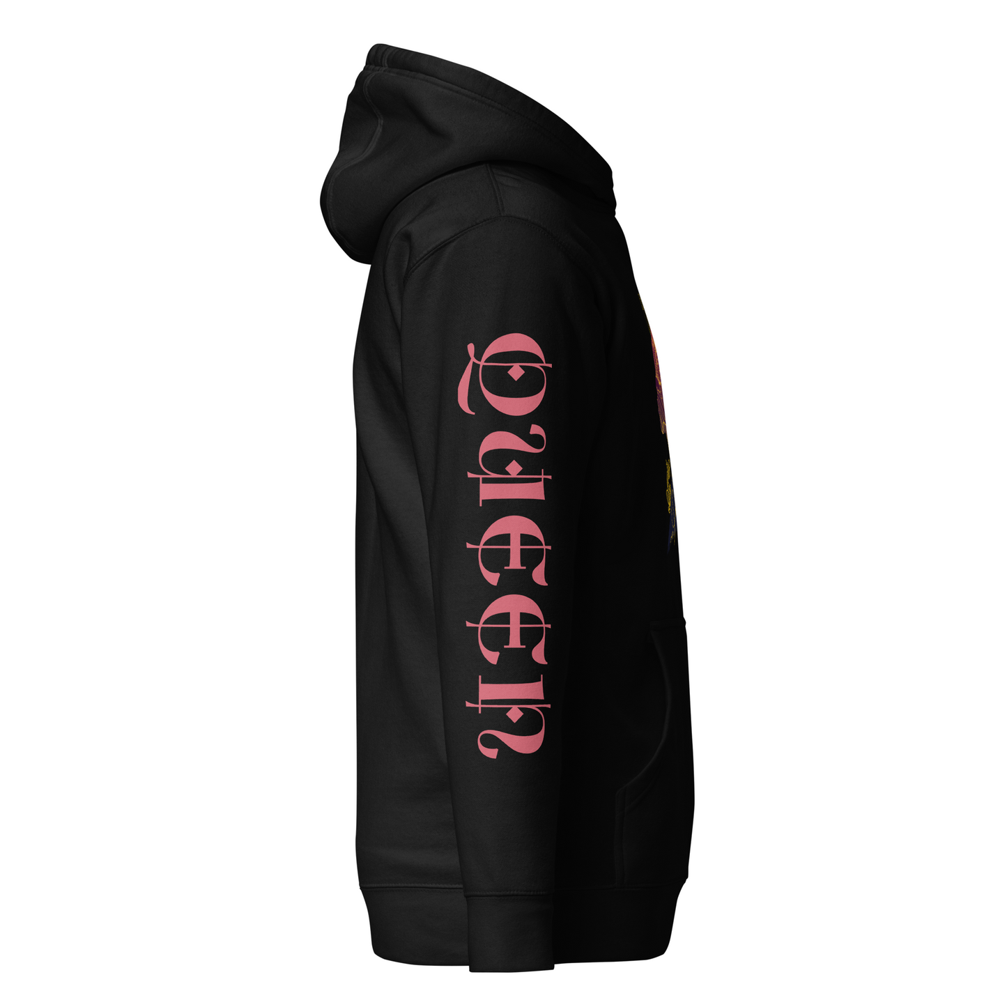 side view of Queen long-sleeve women's hoodie in blush pink, featuring a crowned woman graphic on the chest and 'QUEEN' vertically printed down the sleeve, crafted from 100% cotton face with soft cotton-poly fleece interior, a front pouch pocket, and adjustable hood.