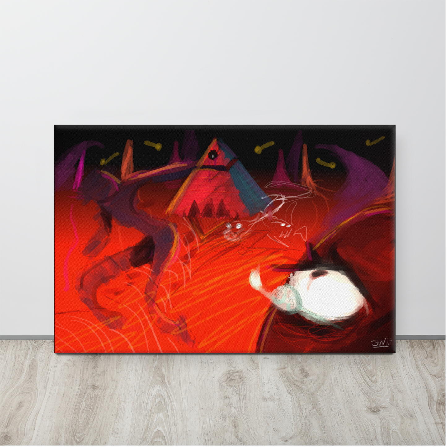 Abstract digital artwork with a fiery red and black palette. A pyramid with an eye glows in the center, surrounded by shadowy triangular structures and dynamic swirling forms. A white light shape balances the chaos, creating a sense of power and control.