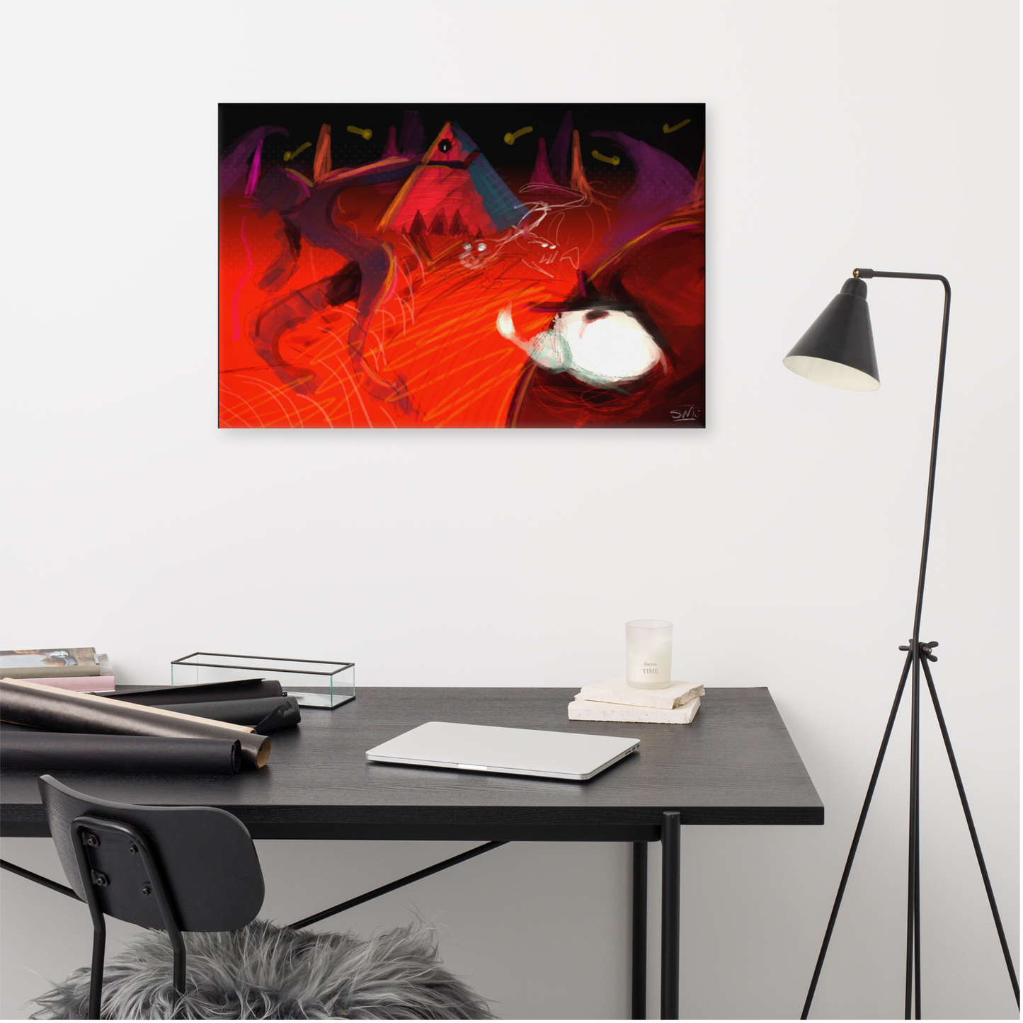 Abstract digital artwork with a fiery red and black palette. A pyramid with an eye glows in the center, surrounded by shadowy triangular structures and dynamic swirling forms. A white light shape balances the chaos, creating a sense of power and control.