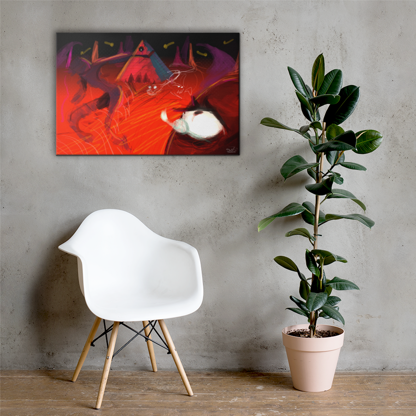 Abstract digital artwork with a fiery red and black palette. A pyramid with an eye glows in the center, surrounded by shadowy triangular structures and dynamic swirling forms. A white light shape balances the chaos, creating a sense of power and control.