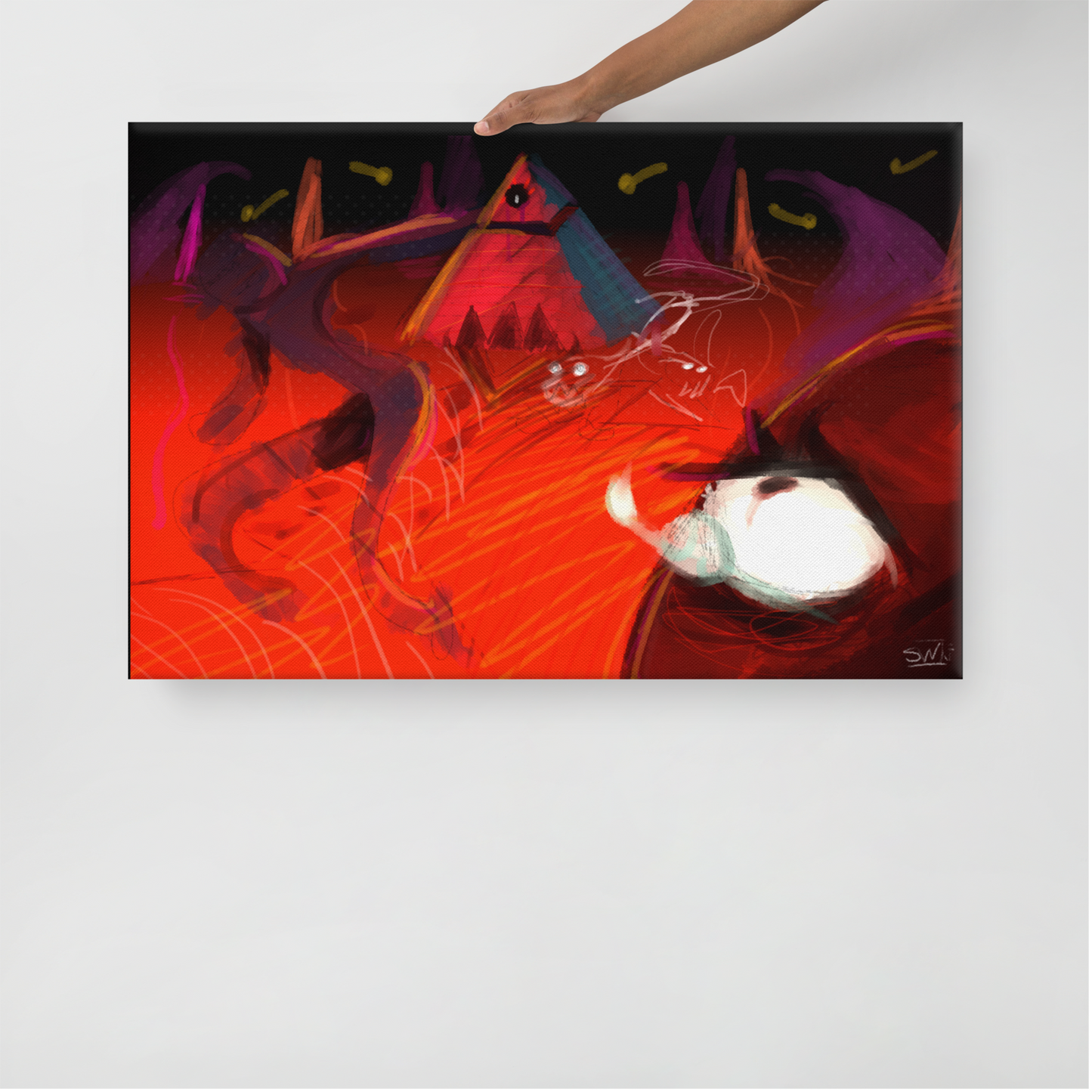 person holding Abstract digital artwork with a fiery red and black palette. A pyramid with an eye glows in the center, surrounded by shadowy triangular structures and dynamic swirling forms. A white light shape balances the chaos, creating a sense of power and control.