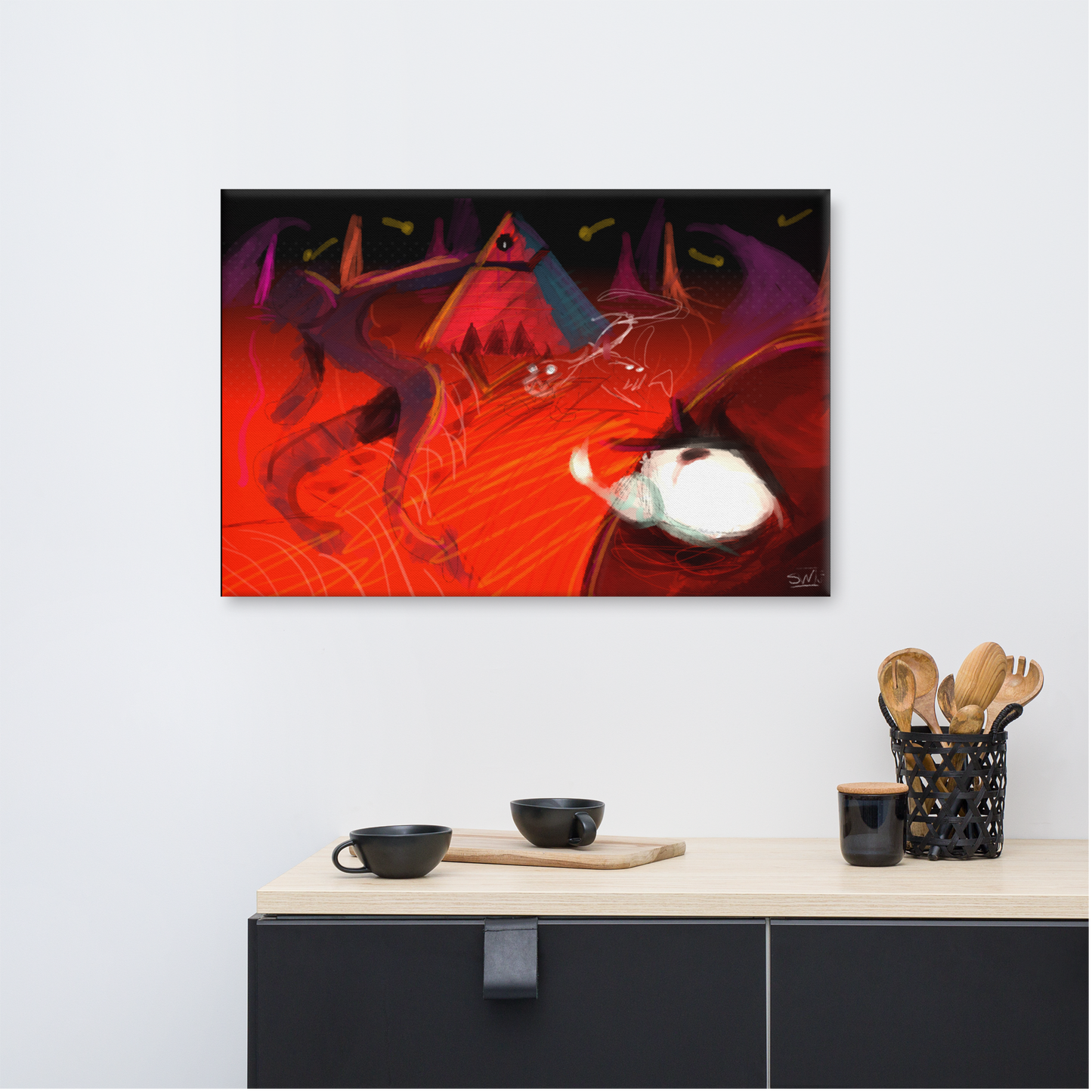 Abstract digital artwork with a fiery red and black palette. A pyramid with an eye glows in the center, surrounded by shadowy triangular structures and dynamic swirling forms. A white light shape balances the chaos, creating a sense of power and control.