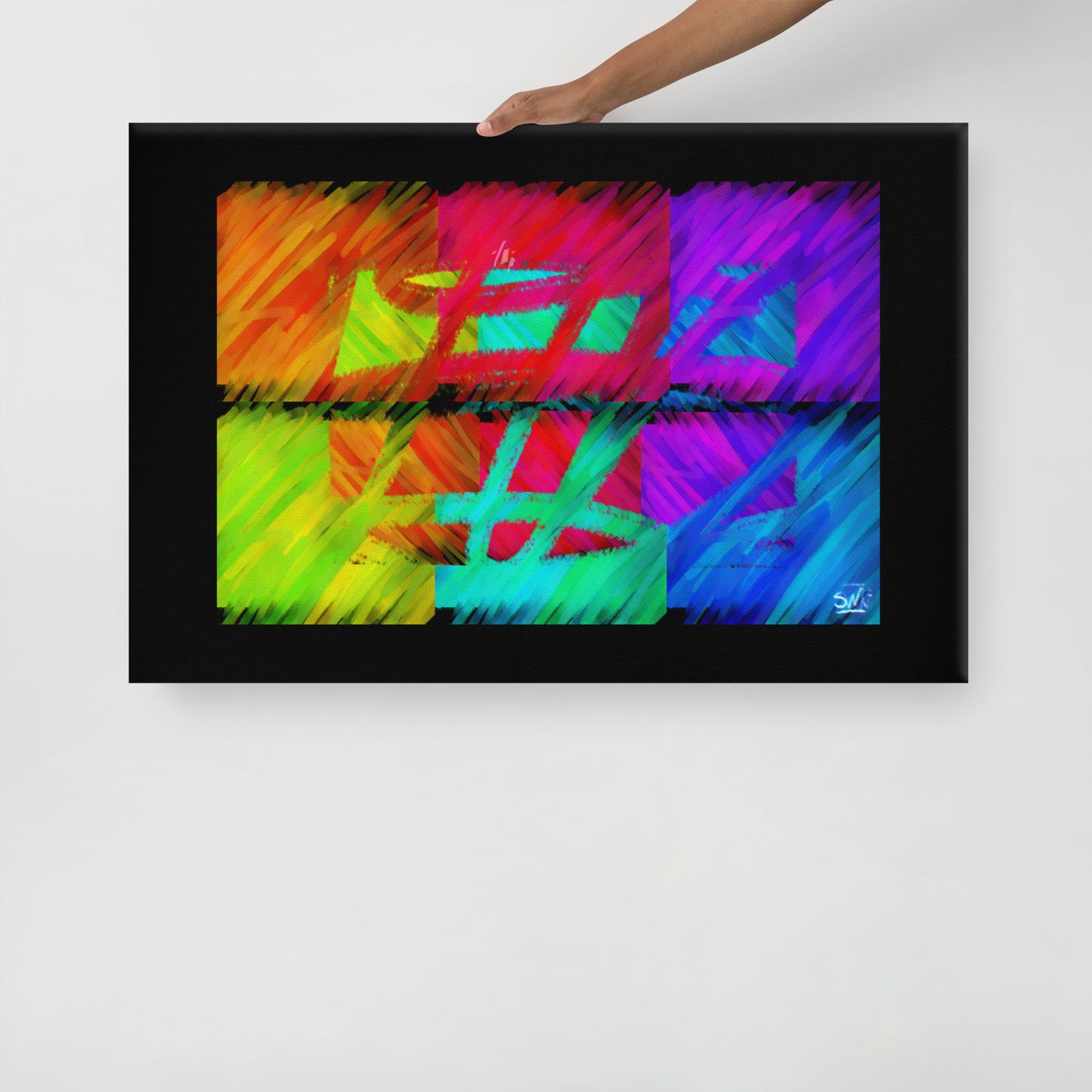 person holding a colorful canvas print titled 'Trapped' featuring a dramatic and emotional depiction of mental confinement in abstract form
