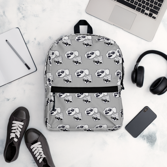The Cool Guy's Backpack by Viola Panther, featuring a colorful urban cartoon-style illustration of a confident dog and bird with sunglasses, set against gray backdrop. Stylish and functional with black straps and zippered compartments