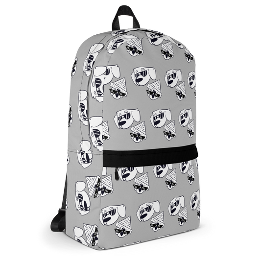 The Cool Guy's Backpack by Viola Panther, featuring a colorful urban cartoon-style illustration of a confident dog and bird with sunglasses, set against gray backdrop. Stylish and functional with black straps and zippered compartments