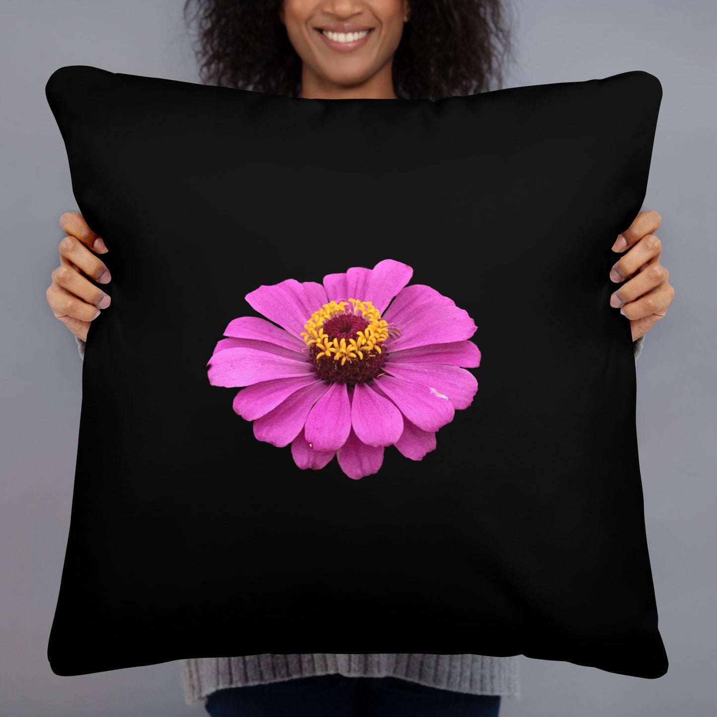 person holding largest Purple Flower soft pillow with plush 100% polyester cover and hidden zipper, styled as a decorative throw pillow with bold floral design in lavender tones—part of a 4-pillows collection for charming home decor.