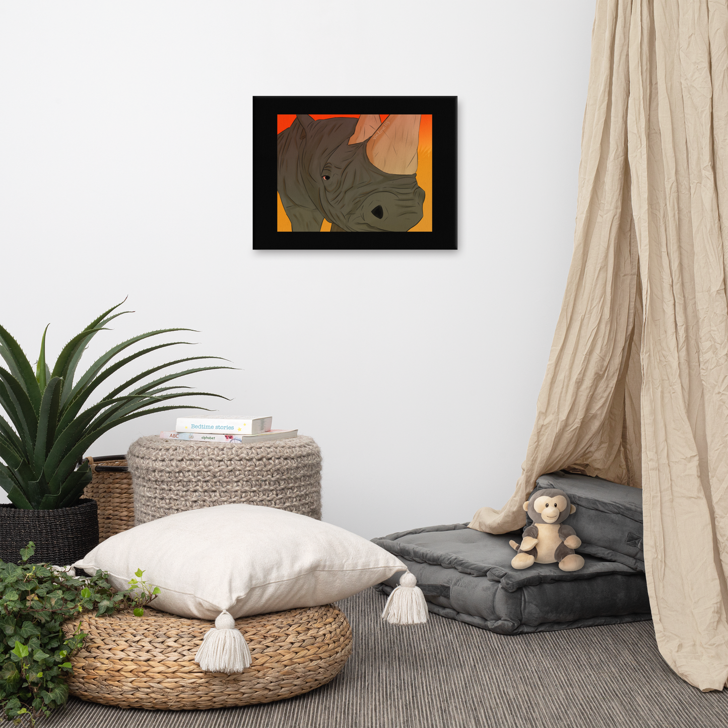 A grayscale canvas print of a white rhino in sharp detail, its massive body and textured skin captured mid-step, symbolizing strength and quiet resilience.