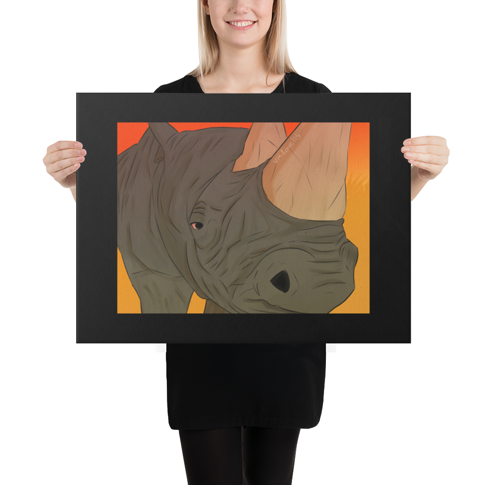 woman holding a grayscale canvas print of a white rhino in sharp detail, its massive body and textured skin captured mid-step, symbolizing strength and quiet resilience.