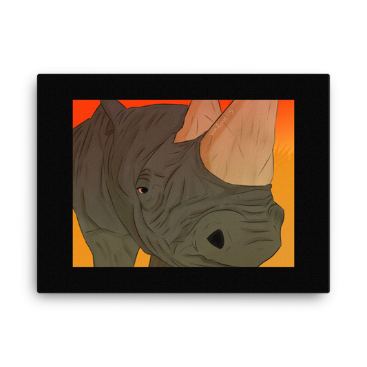 A grayscale canvas print of a white rhino in sharp detail, its massive body and textured skin captured mid-step, symbolizing strength and quiet resilience.