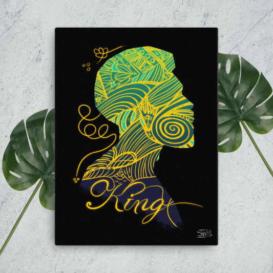 A canvas print featuring a stylized, colorful illustration of a human head with decorative elements, titled 'KING' at the bottom.