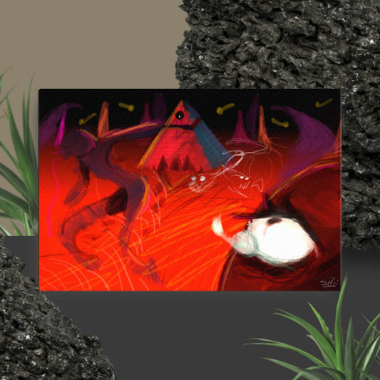 A canvas print featuring a vibrant and abstract artwork with a fantasy-themed empire and creatures like snakes and vipers, set against a dark background.