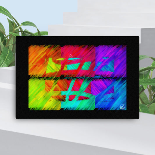 A canvas print featuring abstract colorful art, displayed outdoors with a tropical background.