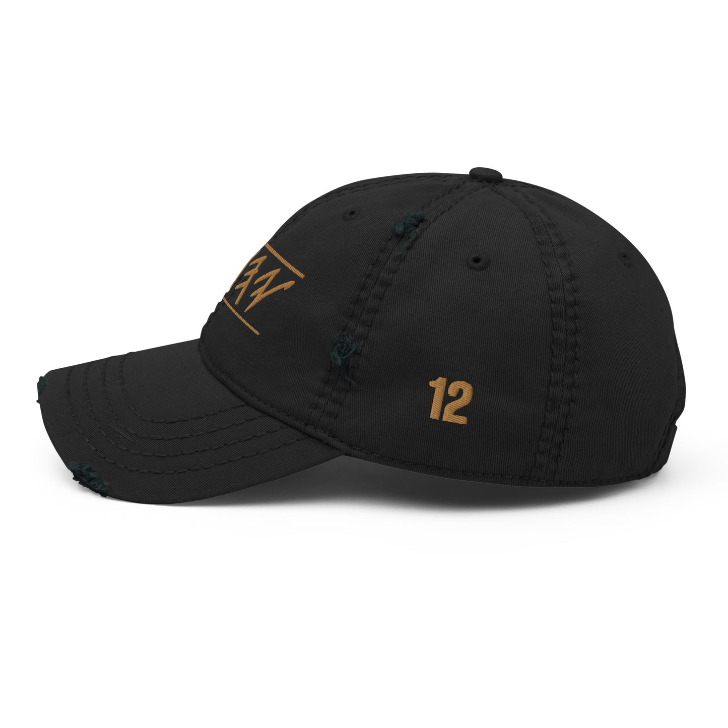 side view of Distressed dad hat in black featuring 'Yahuah' in Paleo‑Hebrew embroidered across the front in contrasting thread, with adjustable strap and worn‑in style.