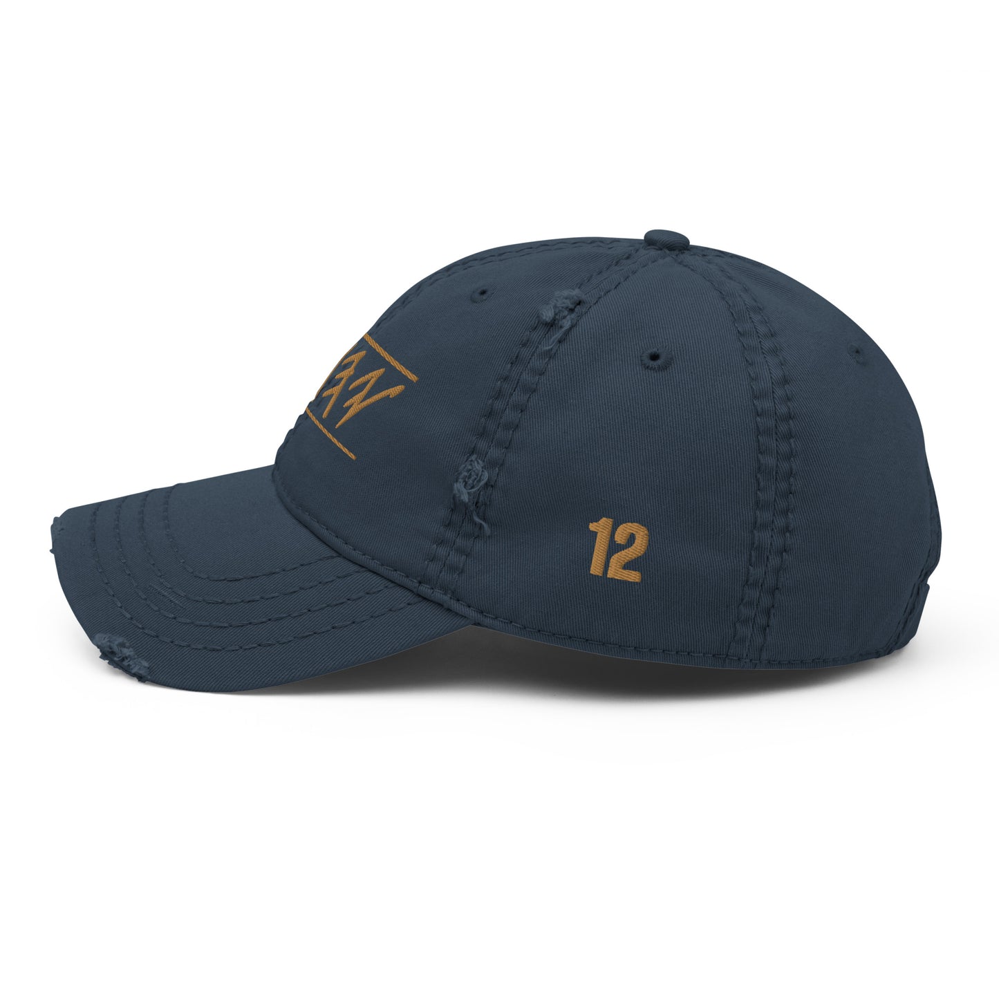 side view of Distressed dad hat in navy featuring 'Yahuah' in Paleo‑Hebrew embroidered across the front in contrasting thread, with adjustable strap and worn‑in style.