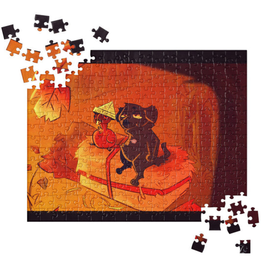 Assembled jigsaw puzzle depicting a colorful illustration of a dog sitting on a hay stack, with a few scattered pieces visible in the foreground.
