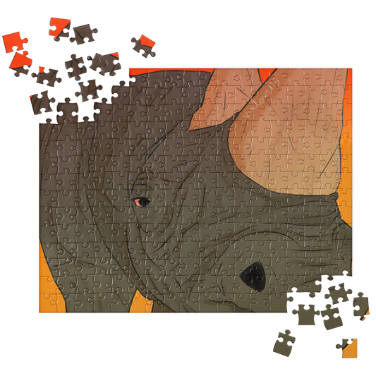 A jigsaw puzzle featuring an artistic depiction of a rhino with a warm colored background.
