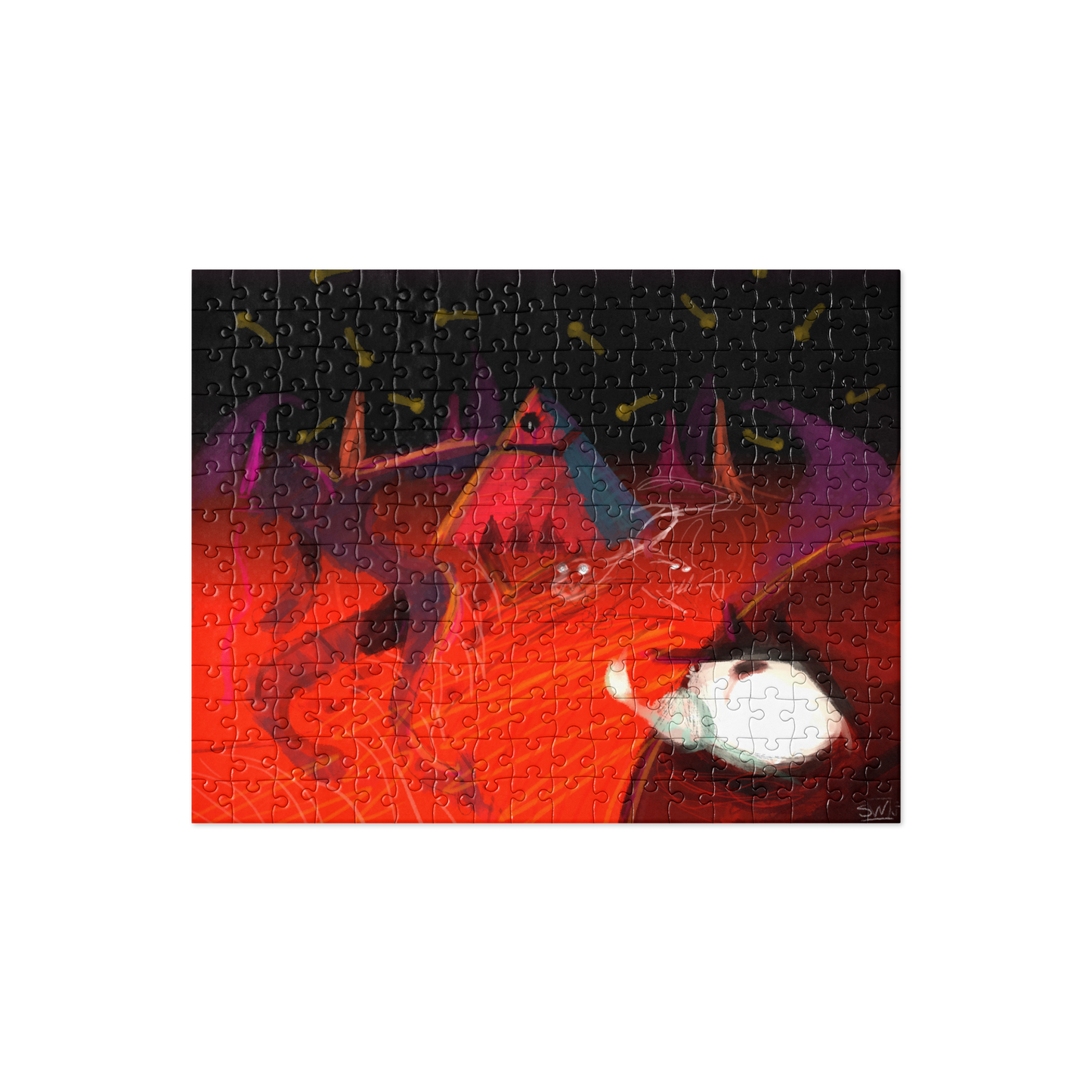 Assorted jigsaw puzzle pieces with a vibrant image of a dragon or a similar creature in a dark, red-colored background. The puzzle depicts a scene with what appears to be a supernatural or fantastical creature.