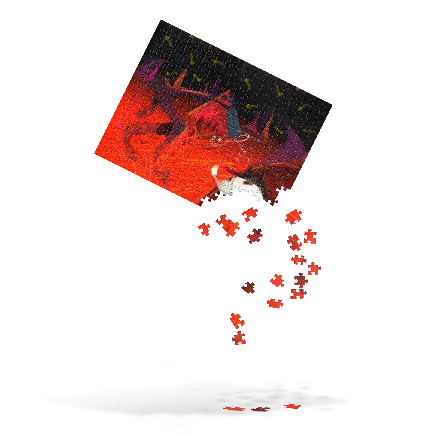 Assorted jigsaw puzzle pieces with a vibrant image of a dragon or a similar creature in a dark, red-colored background. The puzzle depicts a scene with what appears to be a supernatural or fantastical creature.