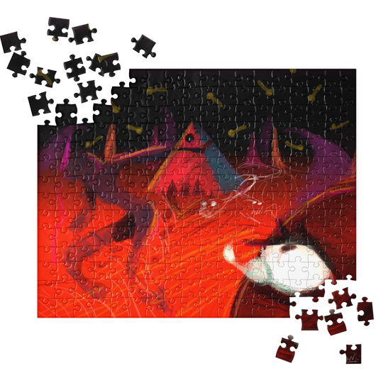 Assorted jigsaw puzzle pieces with a vibrant image of a dragon or a similar creature in a dark, red-colored background. The puzzle depicts a scene with what appears to be a supernatural or fantastical creature.