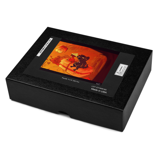 box of Assembled jigsaw puzzle depicting a colorful illustration of a dog sitting on a hay stack, with a few scattered pieces visible in the foreground.