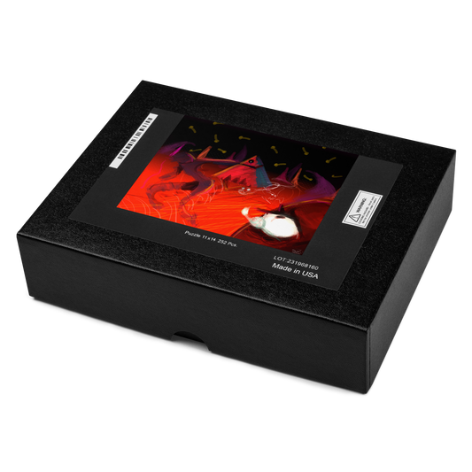 box of Assorted jigsaw puzzle pieces with a vibrant image of a dragon or a similar creature in a dark, red-colored background. The puzzle depicts a scene with what appears to be a supernatural or fantastical creature.