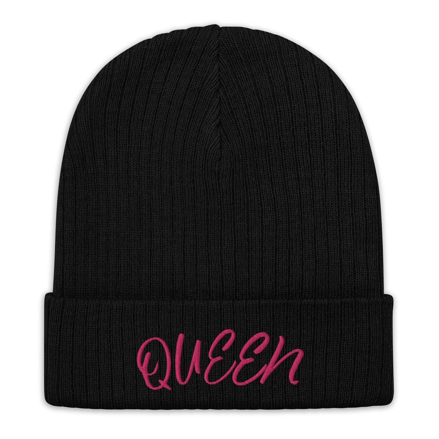 Queen ribbed knit beanie in blush pink, featuring a minimalist embroidered crown icon on the cuff, double-layer recycled polyester/acrylic knit, one-size-fits-most.