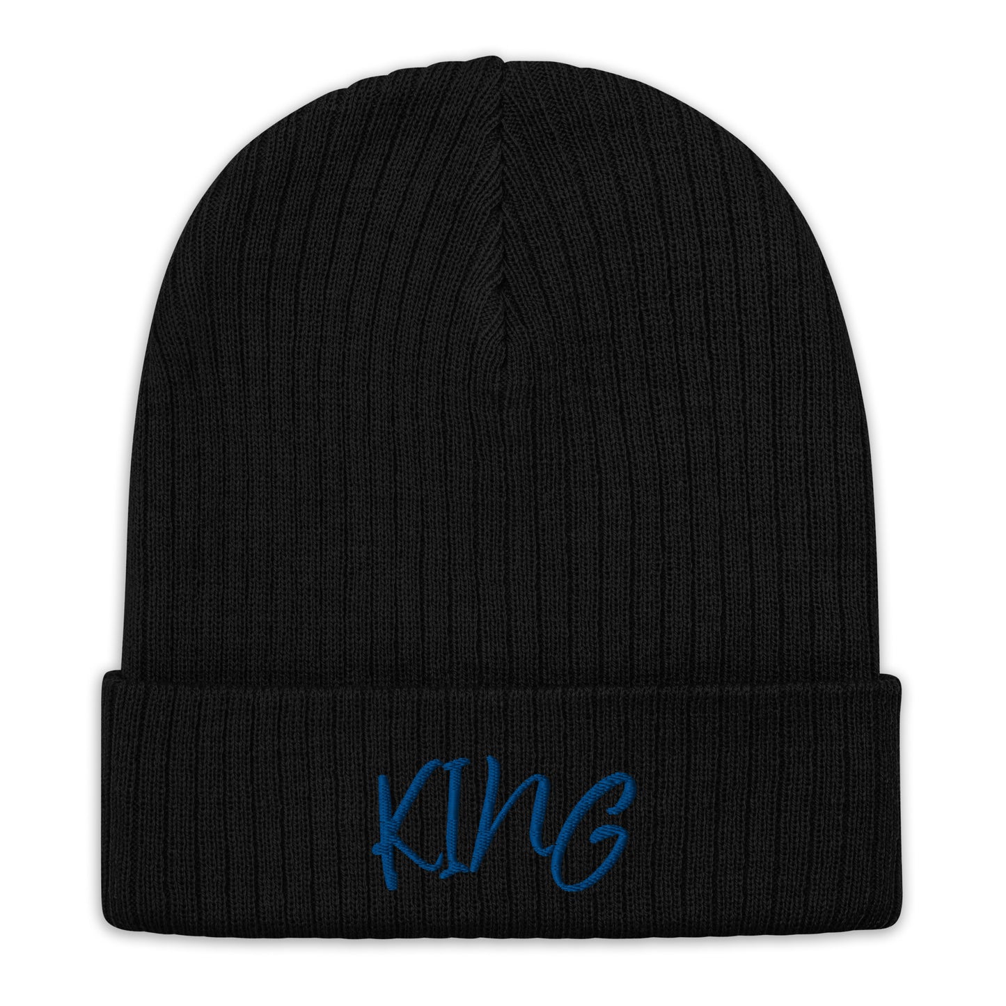 A black ribbed knit beanie with the word 'KING' written in blue on the cuff.