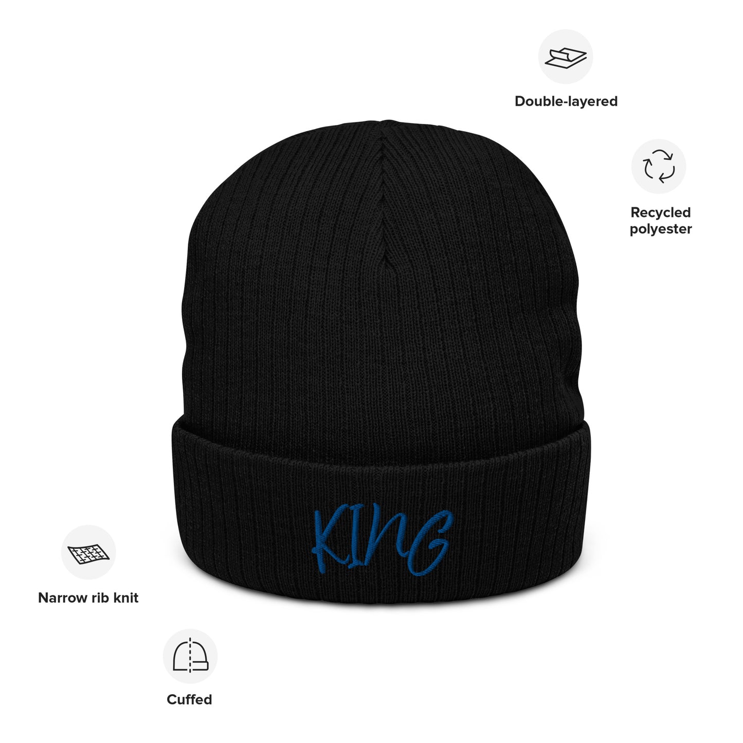 details about King ribbed knit beanie in charcoal, featuring a minimalist embroidered crown icon on the cuff, double-layer recycled polyester/acrylic knit, one-size-fits-most.