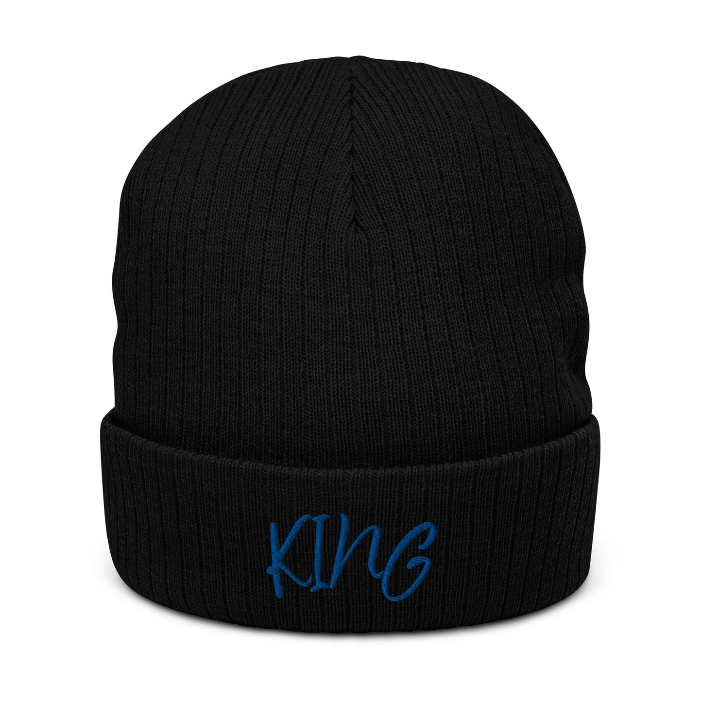 King ribbed knit beanie in charcoal, featuring a minimalist embroidered crown icon on the cuff, double-layer recycled polyester/acrylic knit, one-size-fits-most.