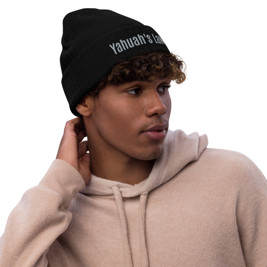 Ribbed knit beanie in black featuring cuffed edge and embroidered ‘Yahuah’s Law In My Mind’ text, made of double-layer recycled-poly and acrylic yarn—one-size-fits-most.