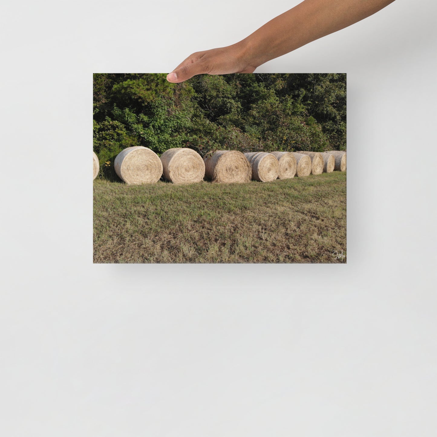 person holding a canvas print featuring a rural landscape with a row of hay bales.