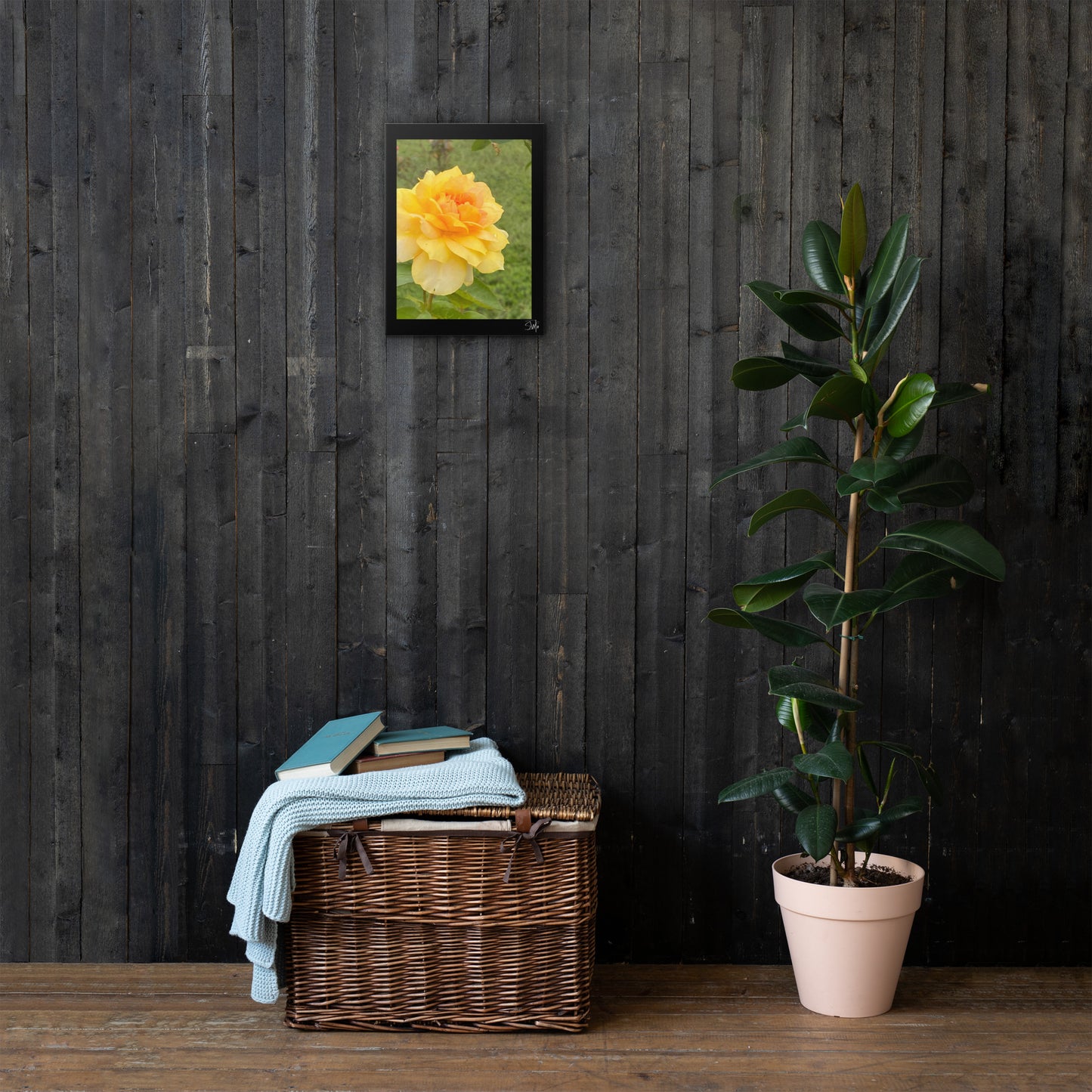 Yellow Flower thin canvas art print with bright yellow bloom on slim black frame, 0.75″ thick, built-in wall mounts and rubber pads—part of floral thin canvas collection for stylish home decor.