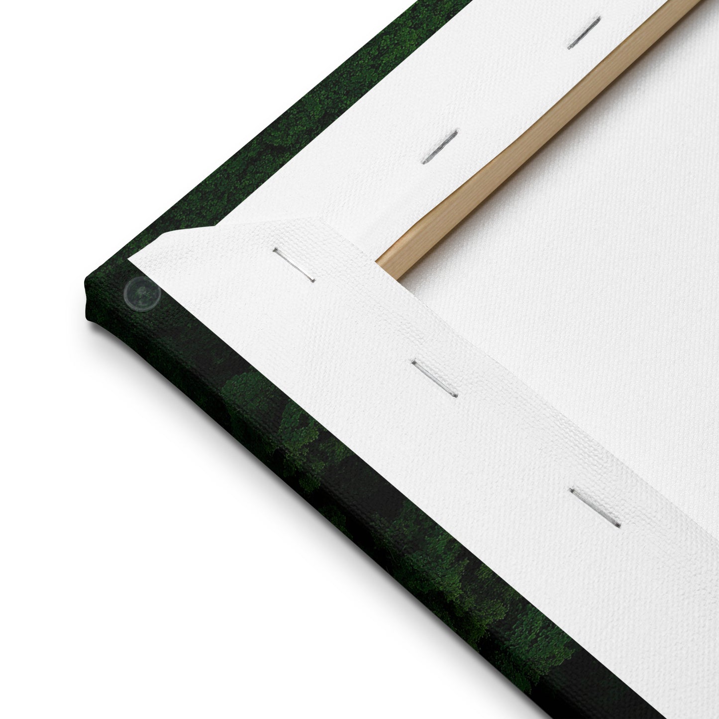 Back corner of A canvas print featuring a green landscape with trees.