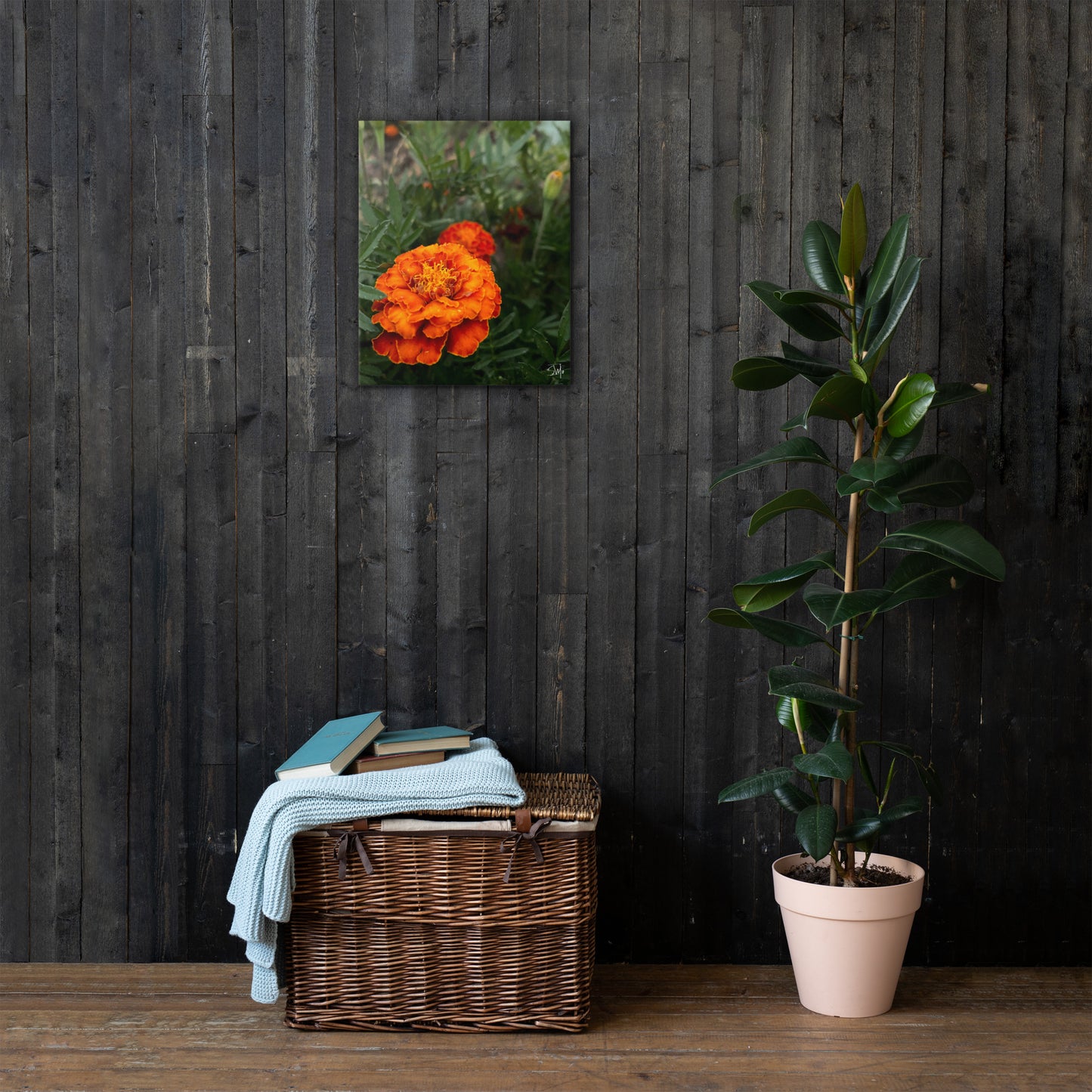 Orange Flower thin canvas art print with two bright orange blooms on a slim 0.75″ black frame, featuring built-in wall mounts and rubber pads—part of a coordinated 4‑piece floral thin canvas collection for chic home decor.