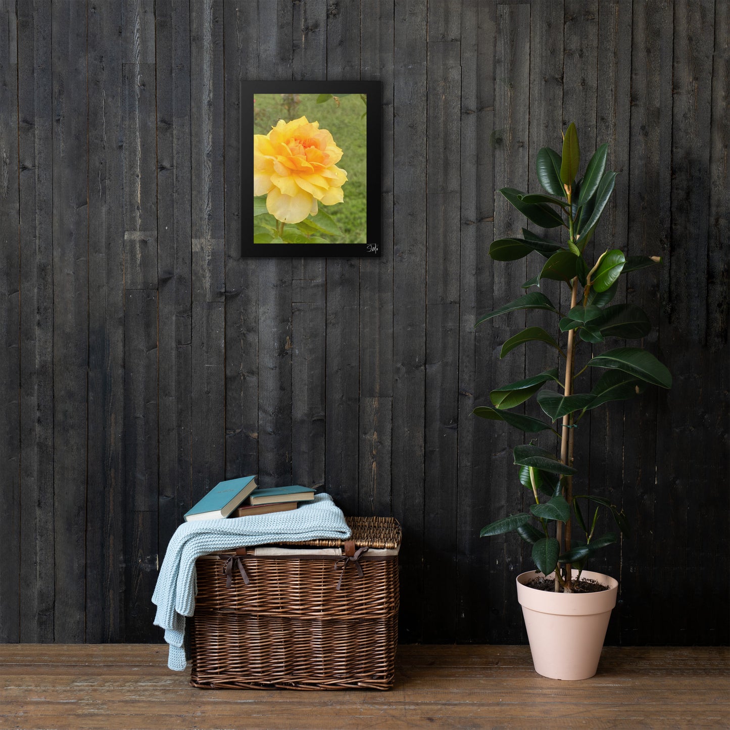 Yellow Flower thin canvas art print with bright yellow bloom on slim black frame, 0.75″ thick, built-in wall mounts and rubber pads—part of floral thin canvas collection for stylish home decor.