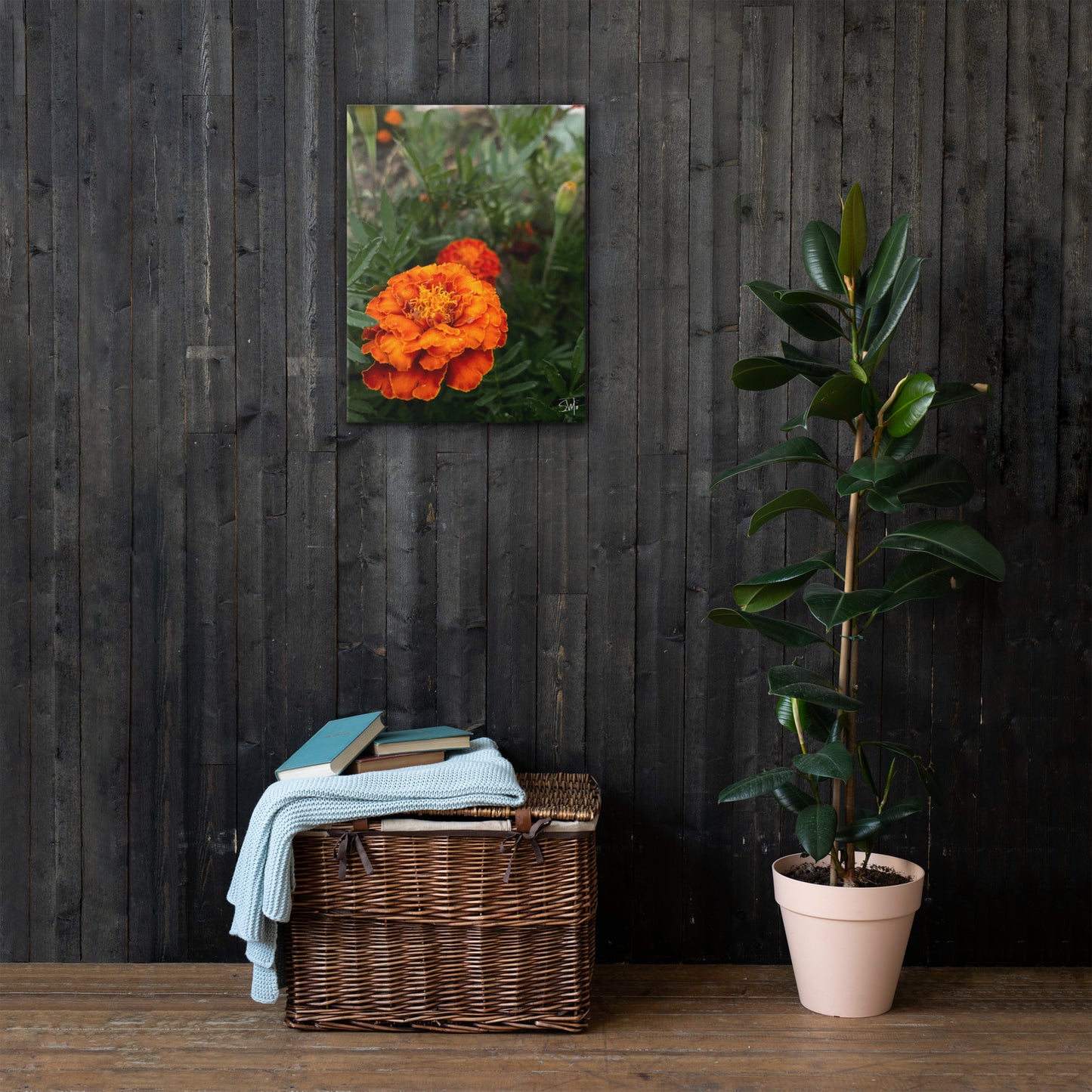 Orange Flower thin canvas art print with two bright orange blooms on a slim 0.75″ black frame, featuring built-in wall mounts and rubber pads—part of a coordinated 4‑piece floral thin canvas collection for chic home decor.