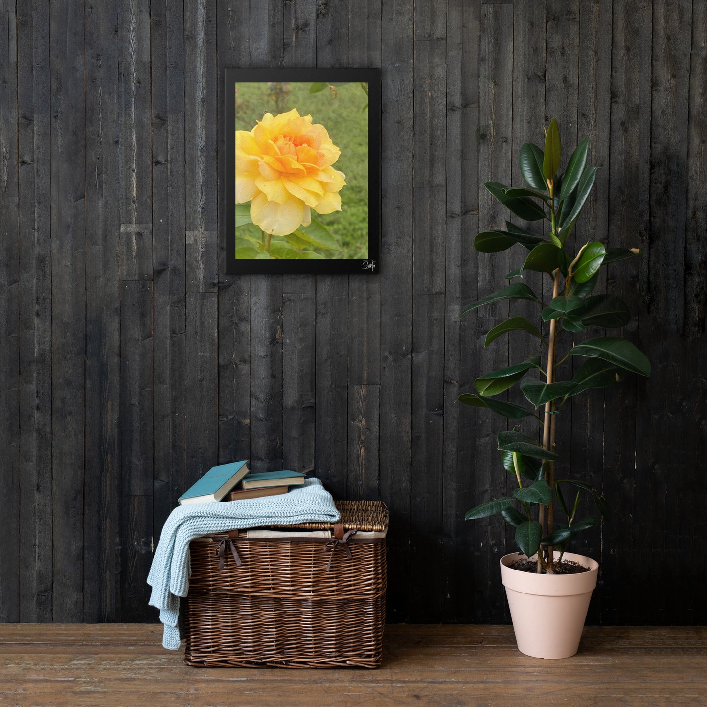 Yellow Flower thin canvas art print with bright yellow bloom on slim black frame, 0.75″ thick, built-in wall mounts and rubber pads—part of floral thin canvas collection for stylish home decor.