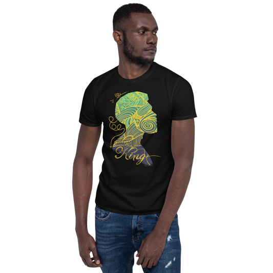 man wearing King unisex short-sleeve t-shirt in black featuring a bold stylized human face graphic with vibrant elements on the front and 'KING' text across the upper back, made from soft ring-spun cotton