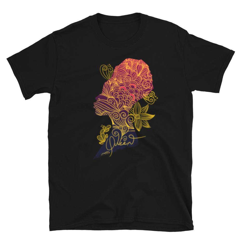 Queen unisex short-sleeve t-shirt in black, featuring a bold crowned woman graphic on front and 'QUEEN' printed on the back neckline, made from soft cotton blend.