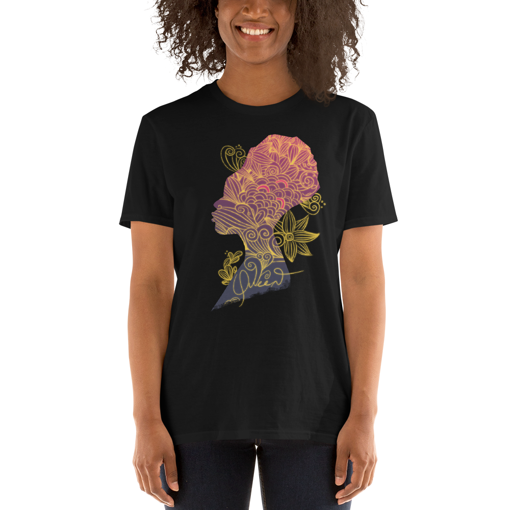 woman wearing Queen unisex short-sleeve t-shirt in black, featuring a bold crowned lion graphic on front and 'QUEEN' printed on the back neckline, made from soft cotton blend.